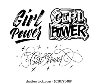 Girl Power lettering set. Hand drawn brush pen grl pwr calligraphy. Inspiration power quote. Motivation inscription collection. International women's day 8 march. For poster, sticker, tatoo, banner.