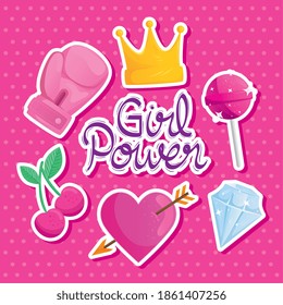 girl power lettering with set icons vector illustration design