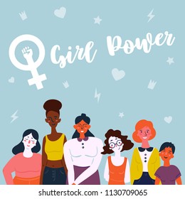 Girl power lettering text and female symbol. Diverse international and interracial group of standing women. For girls power concept, feminine and feminism ideas, woman empower and role card design