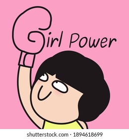 Girl Power Lettering From Woman Hand In Boxing Glove That Shows Her Fist Raised Up. Feminism Concept Card Character illustration