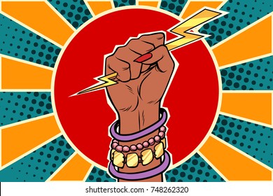 Girl Power Lightning In The Fist. African Woman. Pop Art Retro Vector Illustration