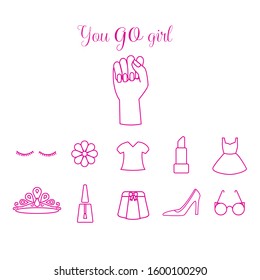 Girl power line icons set