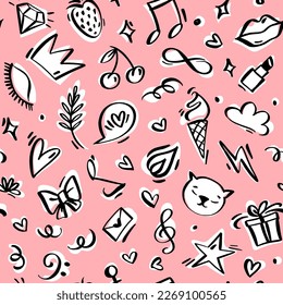 Girl Power linear hand drawn vector seamless pattern. Repeatable background with objects such as crown, lips, ice cream, letter, hearts, speech bubble, flame, flash, lashes, musical notes.