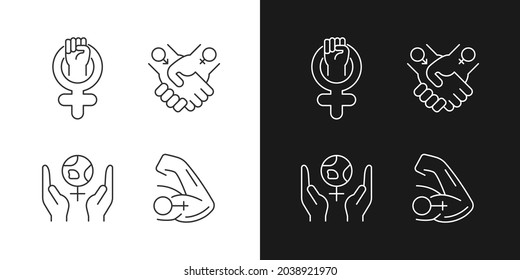 Girl power linear icons set for dark and light mode. Leadership in movement. Equitable relationships. Customizable thin line symbols. Isolated vector outline illustrations. Editable stroke