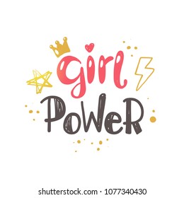 Girl power. Logo, icon and label for your design. Lettering. Woman motivational slogan. Hand drawn vector illustration. Can be used for bag, sticker, t-shirt, poster, badge, card, poster, banner.