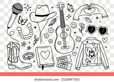 Girl power logo on jacket near guitar and hat or microphone for teen concert artist. Girl power background with diary for writing thoughts and disco tickets or heart shaped hands gesture. Hand drawn.