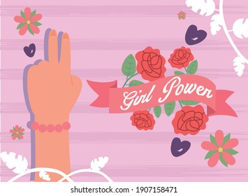 Girl power love and peace hand with flowers design of woman empowerment female feminism and rights theme Vector illustration