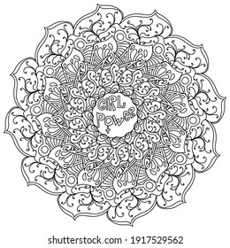 Girl power mandala, coloring page in the form of a round frame with an inscription in the center vector illustration