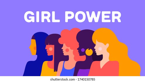 Girl Power. Modern flat character. Simple character of woman lady of different nationalities, races, arab, asian, european, african. Woman character, concept in flat color graphic. Vector Illustration