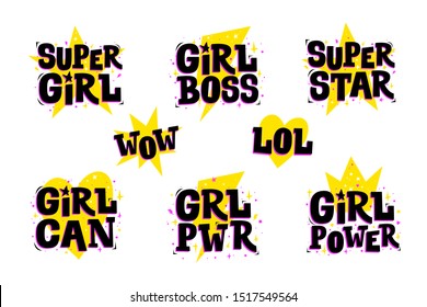 Girl power motivation phrases. Feminist slogans. Vector prints for girls clothes, party cards and teenager accessories. 