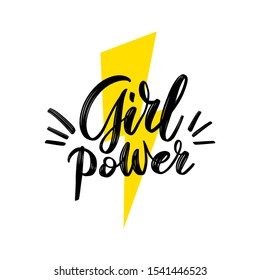 Girl power. Motivational phrase. Feminist hand lettering quote. Vector illustration with symbol of lightning.