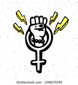 Girl power movement. Doodle style female gender symbol and raised fist on white background. Feminist movement, protest action, girl power. Vector illustration