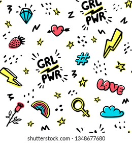 Vector seamless pattern with girl power symbols and hand drawn phrases. GRL  PWR abstract background. Girly design for t-shirt prints, phone cases,  wrapping or posters. Vector illustration Stock Vector Image & Art 