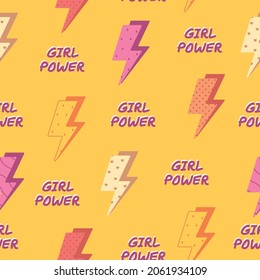 Girl power movement seamless pattern. girl power lightning.Grl pwr slogan. Female, feminism symbols. Feminism themed background. Bright sogan print for cover,wrapping paper,fabric,textile,cases.yellow