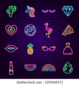 Girl Power Neon Icons. Vector Illustration of Fashion Symbols.