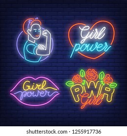 Girl power neon sign set. Woman, heart, lips, flowers on brick wall background. Vector illustration in neon style for topics like emancipation, empowerment, feminism