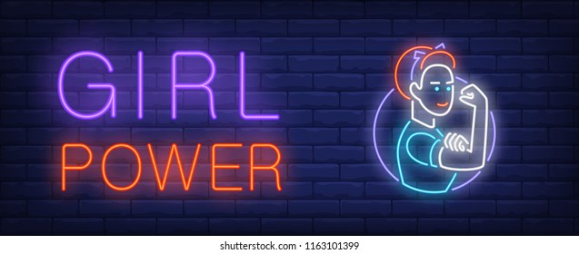 Girl power neon sign. Woman showing bicep on brick wall background. Vector illustration in neon style for gender equality or empowerment