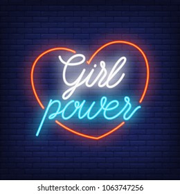 Girl power neon text in heart outline. Neon sign, night bright advertisement, colorful signboard, light banner. Feminism concept. Vector illustration in neon style.