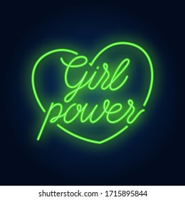 Girl power neon text in heart outline. Neon sign, night bright advertisement, colorful signboard, light banner. Feminism concept. Vector illustration in neon style.