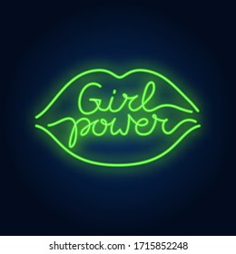 Girl power neon text in lips outline logo. Neon sign, night bright advertisement, colorful signboard, light banner. Feminism concept. Vector illustration in neon style.