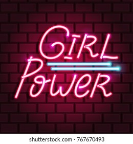 Girl Power neon text. Neon sign, bright signboard, light banner. Vector icons