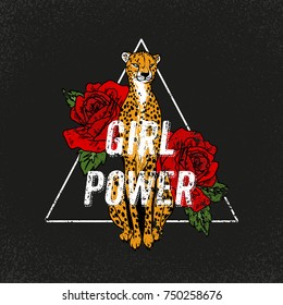 Girl power, not your babe slogan. Rose with tiger.Rock and roll girl patch. Typography graphic print, fashion drawing for t-shirts .Vector stickers,print, patches vintage  