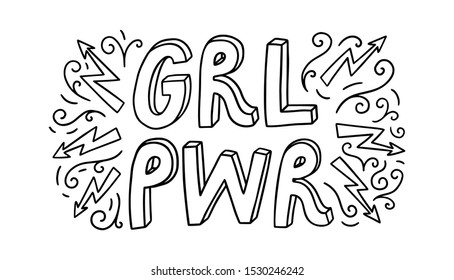 Girl power outline lettering. Frame of lighting and curls. GRL PWR feminist slogan, phrase or quote. Modern vector illustration for t shirt, sweatshirt or other apparel print.