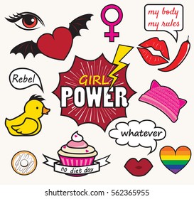 Girl power patches design vector emblem. Cute badges with lips, hearts and feminist symbols. 