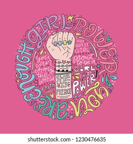 Girl power phrases and words with illustration of woman's fist and hand. Feminist poster.
