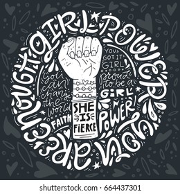 Girl power phrases and words with illustration of woman's fist and hand. Feminist poster.