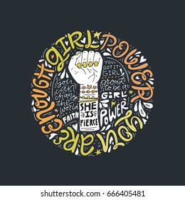 Girl power phrases and words with illustration of woman's fist and hand. Feminist poster.