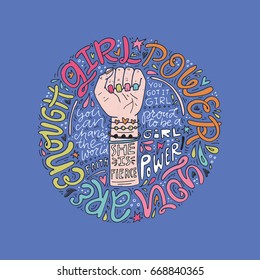 Girl power phrases and words with illustration of woman's fist and hand. Feminist poster.