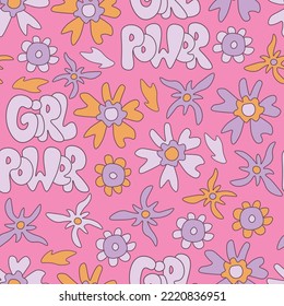 Girl power pink seamless pattern with flowers. Retro groovy cartoon style floral endless background with graffiti inscription. 2yk feminine ornament with liquid flowers and lettering