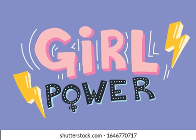 Girl power. Pink Girl power text on purple background with yellow lightning and gender female sign. Stylish Hand drawn vector.  Feminism, diversity and 8 march. Women rights. Womens day