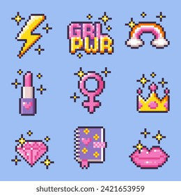 Girl power pixel art set. Isolated feminist vector icons. Female power. Pixelated stickers in 8-bit style. Game items. Vector illustration in y2k, 2000s, 1990s style.