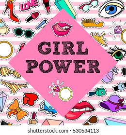 Girl Power. Poster, banner with Patch Badges. Vector illustration. design, trendy patches in cartoon 80s-90s comic style. Eps10