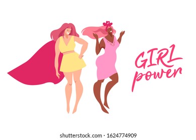 Girl power poster with cheerful girls.  Design element for feminism and girl power. Flat style design.