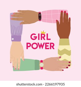 Girl power poster. Female hands stacking together. Woman empowerment, girl power, fight for gender equality, feminism and sisterhood concept. Hand drawn vector illustration.