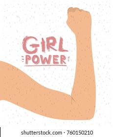 girl power poster with female raised right arm in skin color on back view and white background with sparkles