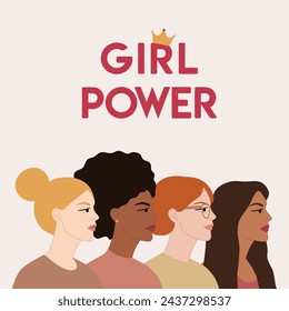 Ilustración del póster del poder de la muchacha con el grupo de personajes femeninos diversos se paran juntos. Día Internacional de la Mujer, 8 de marzo. Concepto de empoderamiento femenino. Ilustración de vector plano pastel