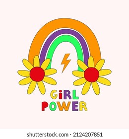 Girl power poster in retro hippie style 60s, 70s. Colorful rainbow with flowers and  text. Trendy vector illustration
