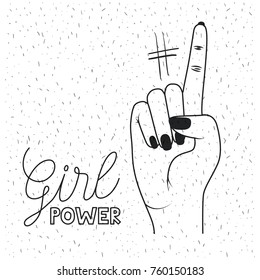 girl power poster text and hand signal with finger number one in black silhouette over white background with sparkles