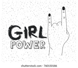 girl power poster text and hand making horns signal in silhouette black over white background with sparkles