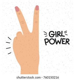 girl power poster text and hand in skin color making victory sign in back view