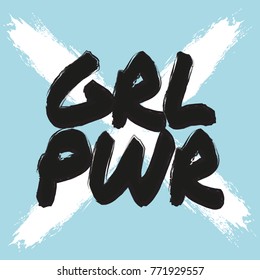 Girl power poster. Vector feminist print. Cool blue white girly slogan quote. Feminism lettering t-shirt print, freedom graffity typography 
