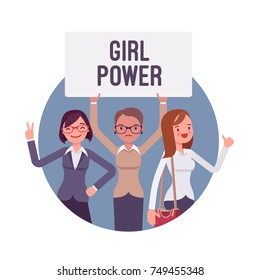 Girl power poster. Young women showing empowerment, independence, and confidence in feminist culture and ideas. Vector flat style cartoon illustration isolated in blue round background on white