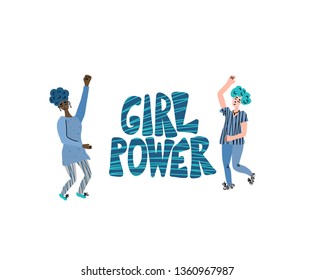 Girl power quote with female characters isolated. GRL PWR hand lettering. Feminist slogan. Vector illustration.