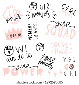 Girl power quote. Feminism vector patch set. Design for posters, stickers, embroidery, badges, pins and clothing