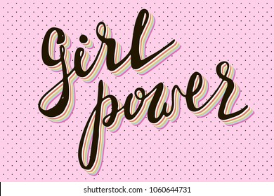 Girl power quote. Grl pwr hand drawn lettering. Womens right. Female, feminism symbols.Vector pop art illustration. Can be used as print for poster, t shirt, postcard.