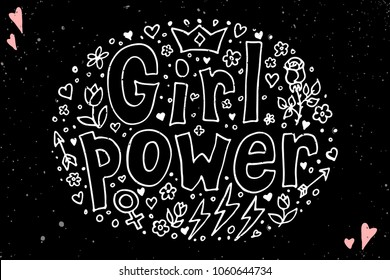 Girl power quote. Grl pwr hand drawn set. Feminism lettering. Womens right. Female symbols. Vector illustration. Can be used as print for poster, t shirt, postcard.